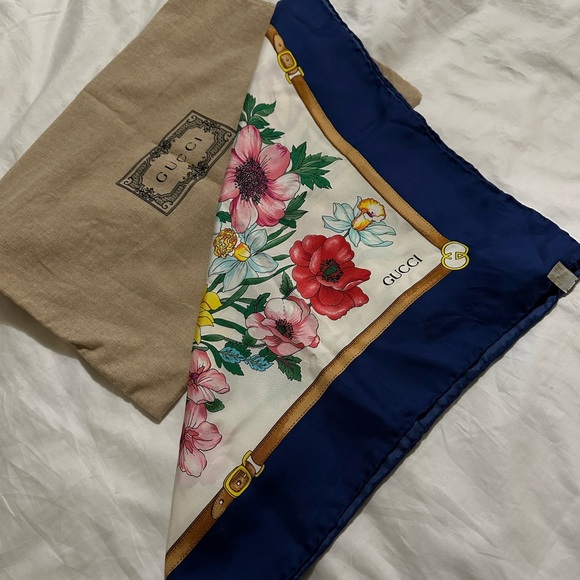 Gucci Accessories - GUCCI Floral silk scarf, Blue boarder vintage